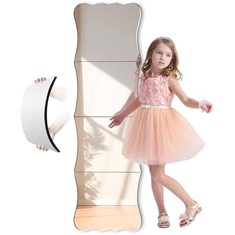 Doeean Wavy Full Length Mirror Shatterproof Acrylic Wall Mirror Tiles 47" x 14"(4 Pcs 12"x14"), Non-Glass Safety Body Mirrors for Baby Kids Playroom, Frameless Dorm Mirror Door Mirror Gym Mirror Cover