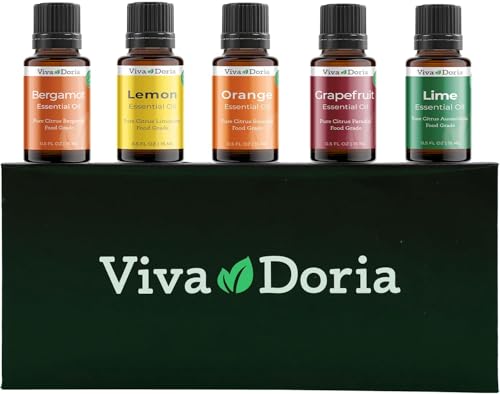 Viva Doria Citrus Essential Oils Gift Set 5 Pack Food Grade Essential Oils for Aroma Diffuser & Candle Making 15 ml Lemon Orange Lime Grapefruit Bergamot Aromatherapy Essential Oil Set