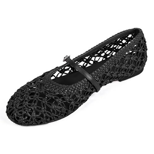 Woven Ballet Flats for Women Mesh Round Toe Mary Jane Flats with Metal Buckle Strap Rattan Ballerina Flat Shoes2