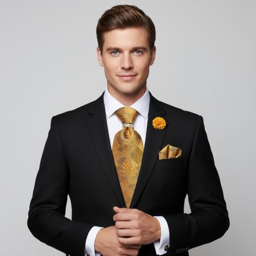 Image of 5PCS Tie and Pocket Square for Men, Silk Necktie and Handkerchief Cufflinks with Gold Ring and Lapel Pin Set