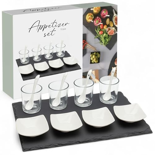 MIJOMA Amuse-Gueule Set 13-teilig – Servierplatte aus Schiefer mit Porzellanschalen, Gläsern & Löffeln – stilvolles Tapas- und Vorspeisen-Set...