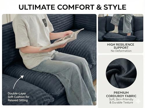 Image of 140 inch Boneless Couch - Modular Cloud Sofa Sectional with 2 Ottomans, Deep Seat Memory Foam Boneless Sofa, Fuzzy Corduroy L Shaped Couch for Living Room (No Assembly)