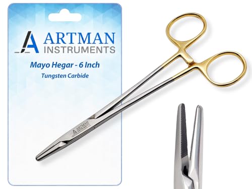 Artman Instruments Mayo Hegar Needle Holder 6" | Dental Medical Ortho Surgical Needle Holder Locking |Surgical Needle Driver Forceps| Serrated with Tungsten Inserts