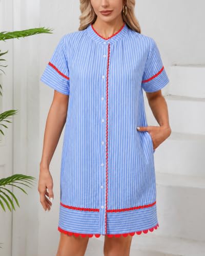 Image of Women's Summer Shirt Dress Short Sleeve Button Down Mini Tie Waist Belted Tunic with Pockets RIC Rac Trim