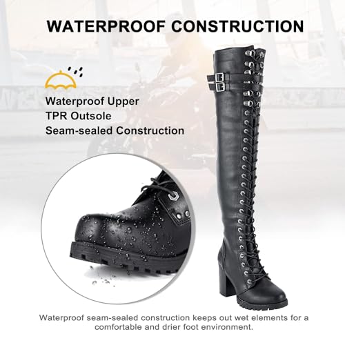 Dream Apparel Women's Faux Leather Over The Knee Thigh High Boots, Black Lace Up Knee High Boots With Chunky Heel, Sexy Biker Boots with Buckle2