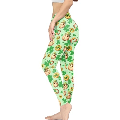 Irisjudy St.Patrick Day Owl Women Gym Workout Leggings Green Hat Owl Clover High Waist Yoga Pants Tu