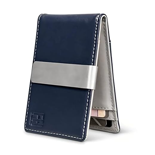 F&H Minimalist Slim Leather Wallet Money Clip Holds 8 Cards (Smooth Navy/Stone)