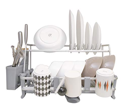 CozyBlock Aluminum 2-tier Dish Drying Rack with Utensil & Wood Cutlery Holder – Rust Proof Kitchen Countertop Dish Rack with Extra Large Drainboard Set – Bonus Drinkware Clips