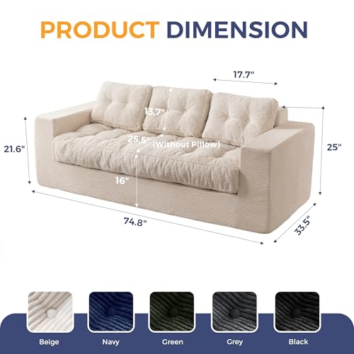 Image of MAXYOYO Loveseat Sofa Couch, Upholstered Bean Bag Chair Cloud Seat for Adults, Boneless Couch with Cushion & Pillows, Sofa in A Box, No Assembly Required, Corded Beige, 3-Seat