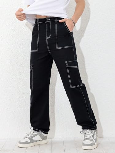 WDIRARA Boy's Flap Pockets Cargo Jeans High Waisted Casual Street Straight Leg Pants4