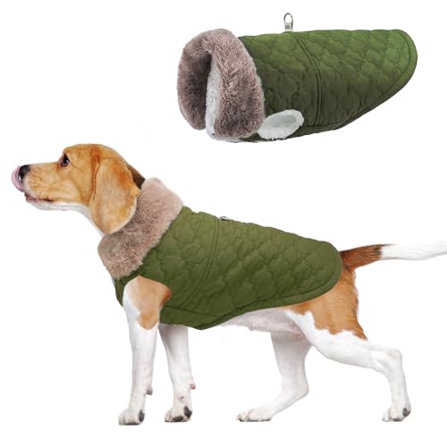 Image of BEAUTYZOO Warm Dog Puffer Jacket Vest, Dog Winter Coat with Harness,Green L | Puffer Jacket Vest with Built-in Harness & Fur Collar, Padded Fleece, Windproof Waterproof, Small Medium Puppy in Snow & Cold