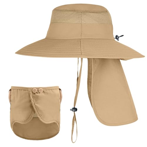 Image of Sun Hats for Men Women Fishing Hat UPF 50+ Breathable Wide Brim Bucket Hats Summer UV Protection Safari Hat with Neck Flap