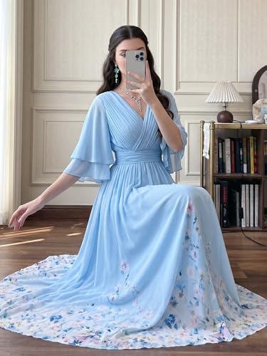 Image of TOLEEN Summer Casual Dresses for Women 2024 Spring Fashion Boho V Neck Long Sleeve Ruffle Floral Print Elegant Maxi Dress