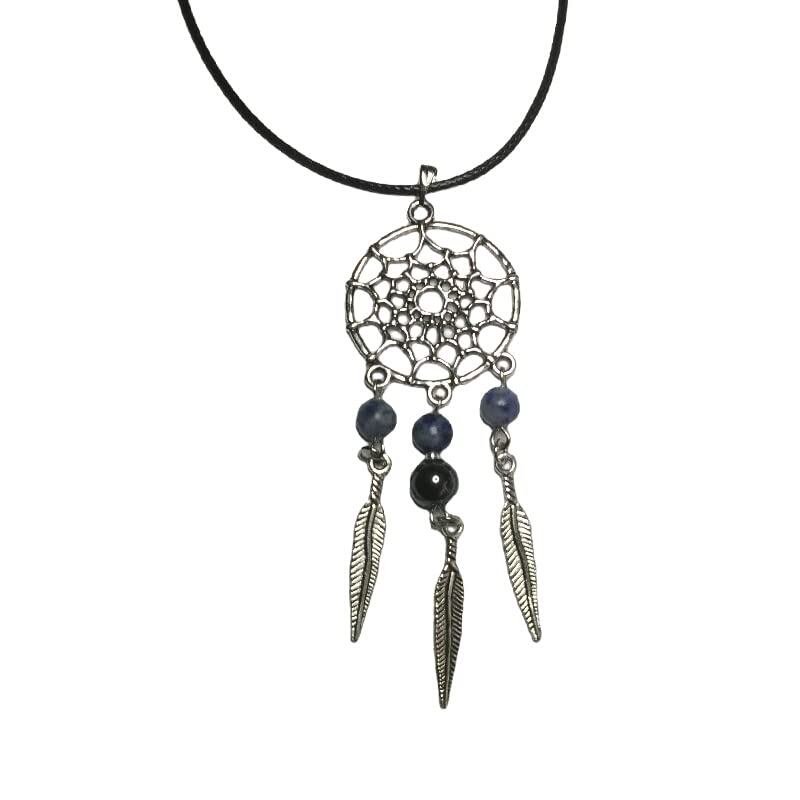 Muriel Nature Créations bijoux en pierre naturelle Collier, pendentif attrape-rêve avec sodalite, hématite et plumes argent tibétain