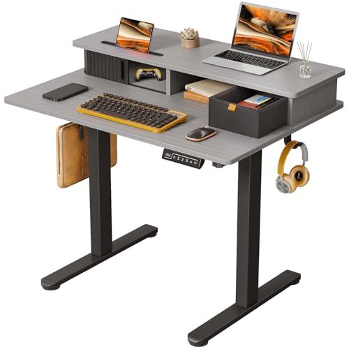 JOY worker Small Electric Standing Desk, 35" x 25" Height Adjustable Table with Built-in Monitor Stand & Storage Drawer, Grey Sit Stand Desk with 2 Hooks for Home Office