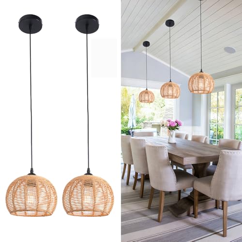 Popity home Rattan Boho Pendant Lights 2 Pack, Adjustable Farmhouse Chandelier Light Fixture...