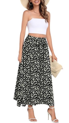 Askyes Womens Long Skirts Summer Beach Work Flowy High Waisted Dressy Maxi Skirts with Pockets,Black Rose,3XL4