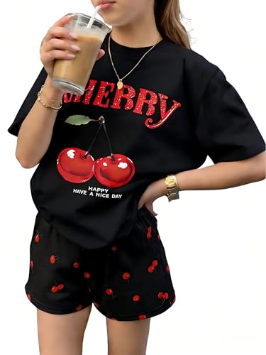 Image of KIDLAGA Girls Two Piece Sets Cherry Pattern Short Sleeve Shirts and Shorts Set With Pockets Girls Summer Outfits Size 7-14