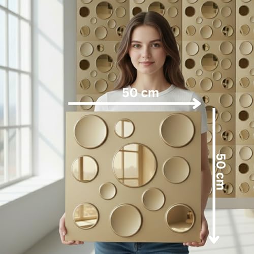 Image of Kayra Decor 3D PVC Wall Panels - Circle Embossed Design, Mirror Gold Color, 19.7 inch x 19.7 inch (Pack of 18) | Covers 42.28 Sq. Ft. |