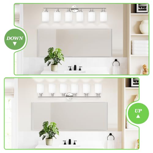 Image of 6-Light Brushed Nickel Vanity Lights for Mirror, Bathroom Light Fixtures with Textured Milky White Glass Shade, Modern Kitchen Light Fixtures Wall Sconce Light - E26 Base