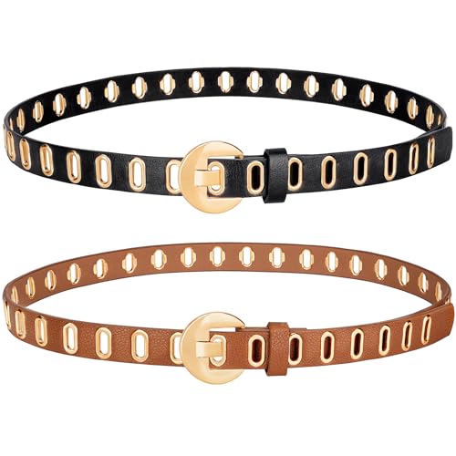 Skinny Grommet Belt Set, Black Belt with Gold Buckle for Women Dresses Jeans - Main Image