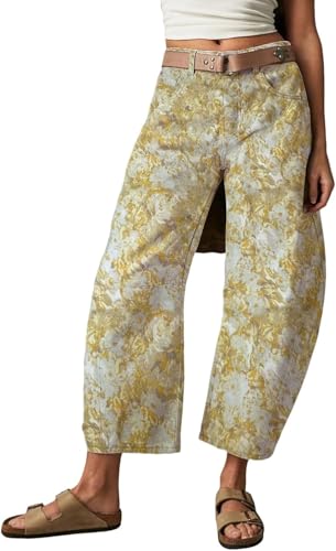 yoeasy Women's Y2k Baggy Barrel Jeans Trendy Printed Wide Leg Boyfriend Jeans Denim Ankle Pants with Pockets