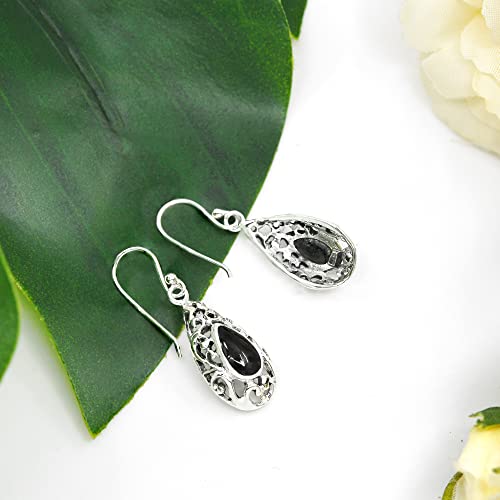 AeraVida Classic Vintage Simulated Black Onyx Filigree Teardrop .925 Silver Earrings, 0.43x1.46 inch | Vintage Earrings for Women | Elegant Black Earrings2