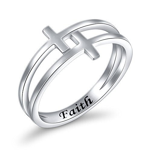 Inspirational Jewelry Sterling Silver Engraved Faith Double Cross Ring Christian Fashion Wedding Engagement Band, Size 6-8 (6)