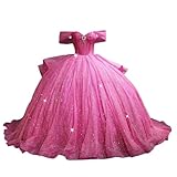 Uiykhr Beaded Off Shoulder Hot Pink Quinceanera Dresses with Train Puffy Tulle Princess Sweet 15 16 Dresses Glitter Pearl Long Prom Dresses Size 8