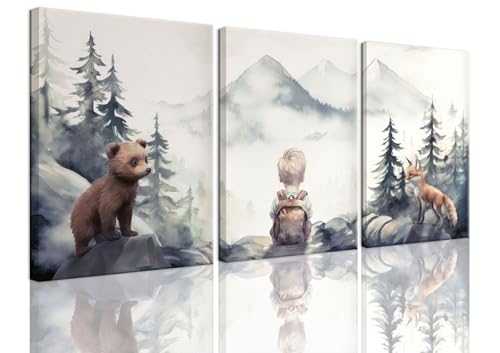 Image of YOYIAXT 3 Piece Woodland Nursery Canvas Wall Art Safari Animal Art Prints Jungle Wildlife Pictures Forest Adventure Painting Artwork for Boy Baby Bedroom Bathroom 12x16in Framed