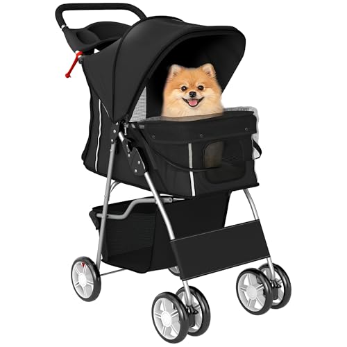 PawHut Carrito para Perros Plegable, Cochecito para Perros Pequeños con Cesta de Almacenaje, Ventanas de Malla, Portavasos, Ruedas de EVA, Cojín Lavable, Frenos, Carga 10 kg, 77x44x102 cm, Negro