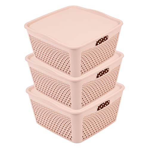 Kuber Industries Netted Design Unbreakable Multipurpose Square Shape Plastic Storage Baskets with lid Small Pack of 3 (Beige) (B0BBM9M1V2) Amazon Price History, Amazon Price Tracker