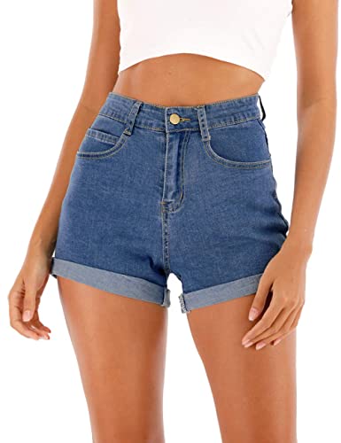 Cuihur Women's Summer Casual Denim High Waisted Folded Hem Jeans Shorts for Juniors, High Waisted Navy Blue, Small