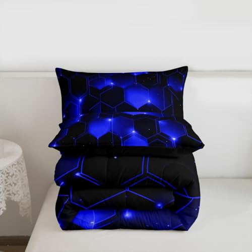 Image of Feelyou Blue Black Honeycomb Comforter Set Twin, Honeycomb Comforter for Kids Boys Girls Beehive Hexagon Bedding Set Geometric Duvet Durable Quilt Twin Size