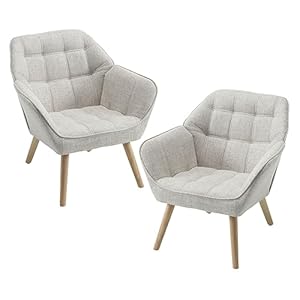 chairus 2er Set Gepolsterter Armlehnensessel Leinen Einzelsofa Loungesessel für Wohnzimmer Modern Armlehnstuhl mit Holzbeinen (Beige-2)