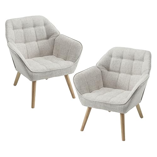 chairus 2er Set Gepolsterter Armlehnensessel Leinen Einzelsofa Loungesessel für Wohnzimmer Modern Armlehnstuhl mit Holzbeinen (Beige-2)