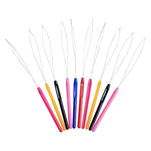 10PCS Multicolored Plastic Hair Extension Loop Needle Tool Loop Threader Pulling Hook Bead Device Tool for Hair Extensions Feather Extensions Cover