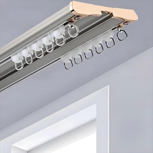 Aluminum Alloy Double Track System for Ceiling/Wall Mount, Smooth Silent Rollers, Sleek Grey Design, Ideal for Bedroom Curtains, 2.20m Length, Easy Installation