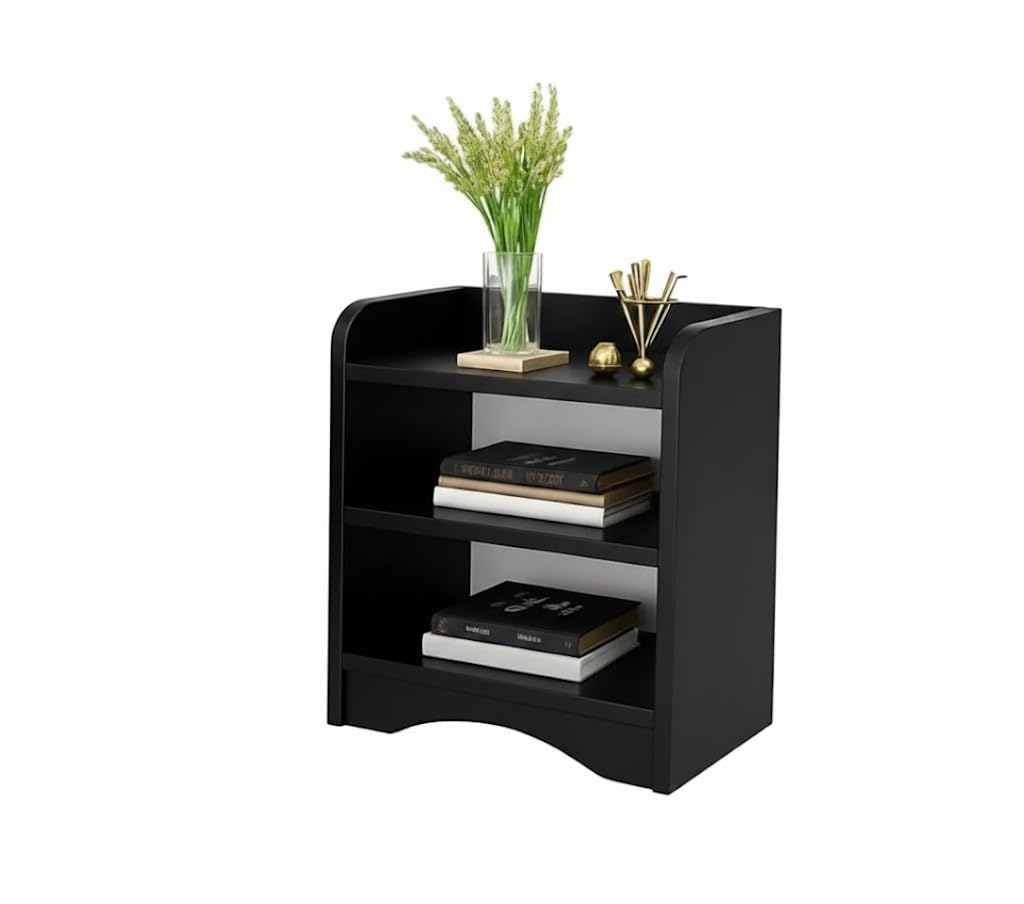 MANNAT ENTERPRISES.LTD MDF End Table for Living Room | Wooden Bedside Table with 3 Shelves | Modern Organizer Stand (Black)