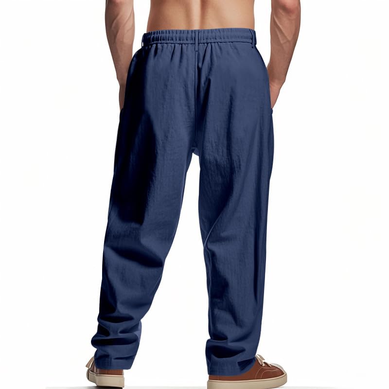 Mens Casual Linen Pants Elastic Waist Drawstring Yoga Trousers Pants Summer Loose Beach Pants with Pocket3