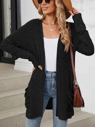 Image of Les umes Womens Open Front Lightweight Knit Cardigans V Neck Loose Long Sleeve Sweaters with Pockets