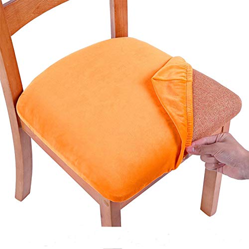 smiry Fundas elásticas para asientos de comedor, fundas de terciopelo para sillas de comedor, fundas extraíbles y lavables, juego de 4 unidades, color naranja