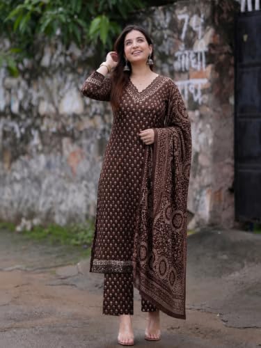 Image of GoSriKi Viscose Printed Kurta With Pant And Dupatta for Women | Straight Kurti Set for Woman | 3 /4 Sleeve V-Neck Stylish Kurta Pant Dupatta Ethnic Outfit Party Wedding