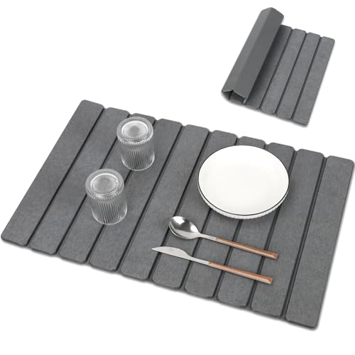 Beslands Stone Dish Drying Mat for Kitchen Counter 60*39cm Large Quick Dry Stone Mat with EVA Bottom Foldable Diatomaceous Earth Absorbent Pad for Bottles Dishes Cups