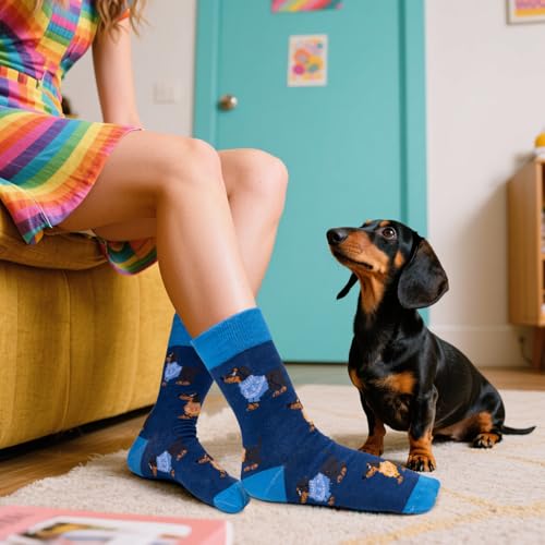 Riqiaqia 5 Paar Damen Socken Lustige Bunte Baumwolle Crew Socken mit Katze Hund Muster, Weihnachtsgeschenke für Damen Frauen, Einheitsgröße