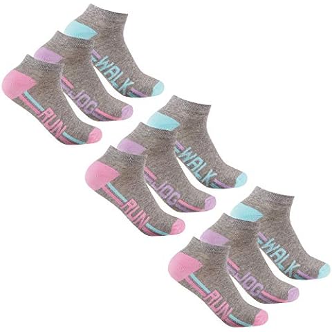 Ladies 9 Pairs Trainer Liner Socks Walk Run Jog Ankle Gym Everyday Cotton Rich 4-8 Grey Cover