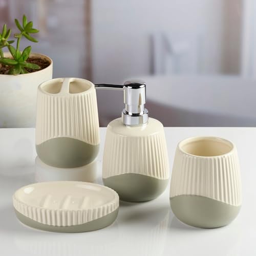 Image of SaSaSa Ceramic Bathroom Accessories Set of 4 - Stylish Bath Set with Liquid Soap Dispenser, Toothbrush Holder, Tumbler and Soap Dish for Modern Bathroom Decor, White /Grey (12099)