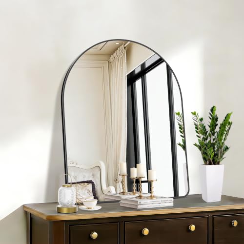 Image of FORBATH Arched Mirror 30x40 Inch, Black Arched Bathroom Mirror Wall Mounted Modern Black Aluminum Frame Decor Large Dresser, for Bedroom Living Room Entryway, Hanging or Leaning Against Wall