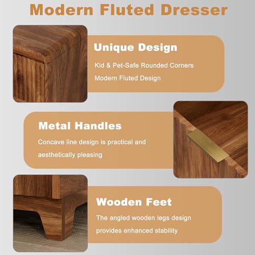 Image of Walnut Nightstand Set of 2 with Charging Station, Fluted Wood Bedside Table with 3 Drawers, 24 Inch Modern Night Stand End Table for Bedroom, Walnut Brown
