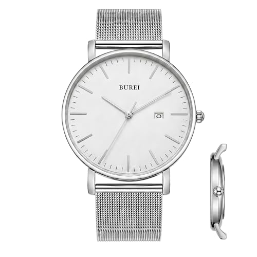 BUREI Men Watches Fashion Minimalist Waterproof Watches for Men Women Student,Silver.